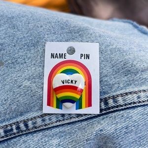 VICKY Vintage Iconic 80s Ceramic White Heart Rainbow Name Pin